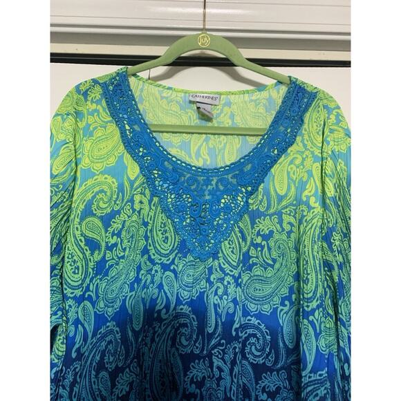 Catherine’s Flowy Crinkle Pleated Blue Green Ombré Fun Blouse Tunic Top 2X - Picture 3 of 7